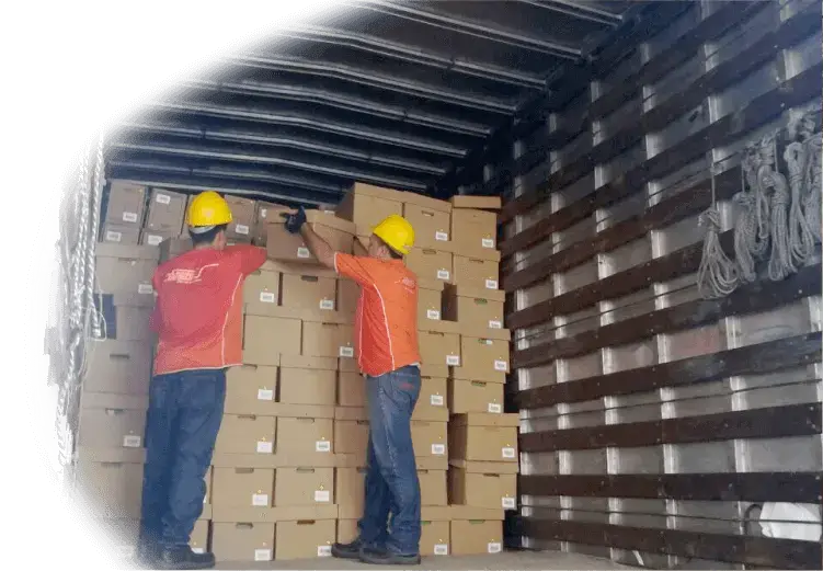 Trabajadores de SantaMaria Trasteos cargando camion con cajas de oficinas del servicio de trasteo empresarial